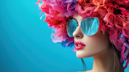 Woman with colorful wig and sunglasses, blue background