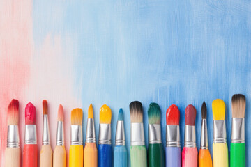 A row of colorful paintbrushes with wooden handles stands against a soft pastel wall, the varied bristles and vivid hues forming a lively artistic focal point.