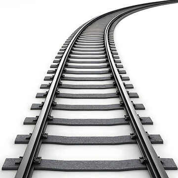 A curving railroad track with gray ties and shiny metal rails on a white background in a studio shot