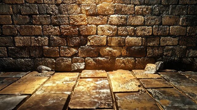 Spotlight Illuminates an Old Stone Wall and Floor in a Dark Ancient Dungeon.