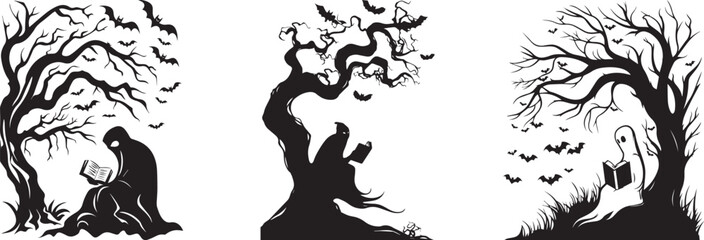 Halloween silhouette illustrations of spooky trees ghosts and bats for halloween decoration design element