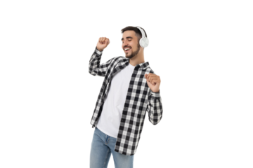 Dancing man in casual wear with headphones on, isolated, PNG