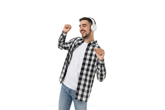 Dancing man in casual wear with headphones on, isolated, PNG