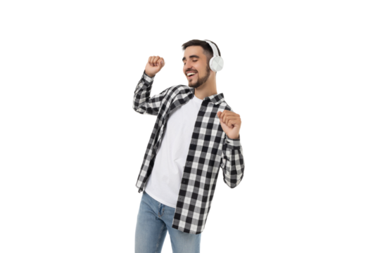 Dancing man in casual wear with headphones on, isolated, PNG