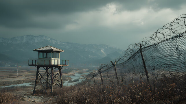 A desolate guard tower stands watch over a barbed wire fence, overlooking a bleak, mountainous landscape.