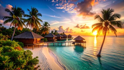 Tropical Paradise Sunset Overwater Bungalows Maldives.
