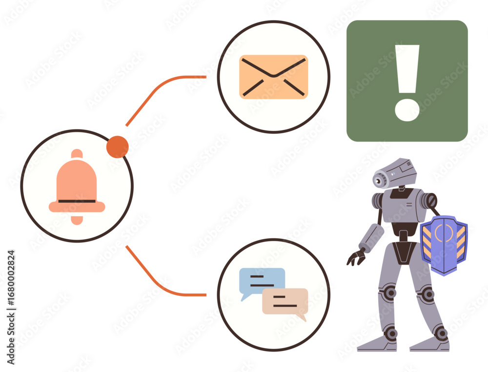 Aufkleber robot managing notifications via bell, email, and messages with alert icon. ideal for automation, ai