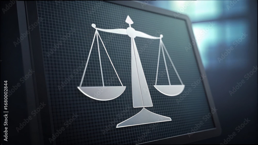 Poster digital scale symbol on computer screen representing balance concept