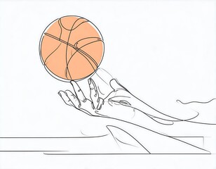 A single-line drawing depicts a hand tossing a basketball, showcasing dynamic movement and simple elegance.