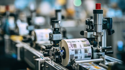 Medium shot capturing a thermal chemical labeling machine printing durable labels on cylindrical chemical containers highlighting moving parts in sharp focus against a diffusion of