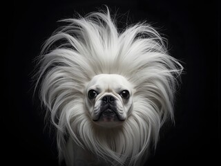 Naklejka premium A French Bulldog styled with an extravagant, flowing mane of long, silky white hair, giving it a regal and majestic appearance against a dark background.