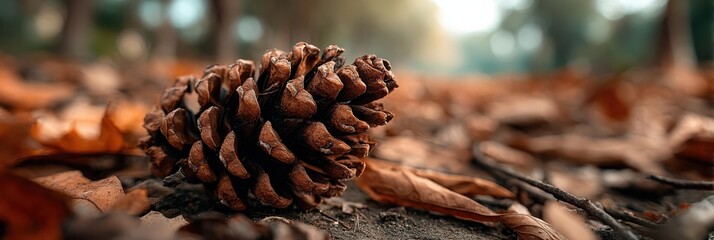 Fototapeta premium A close-up of a pine cone resting on the ground among fallen leaves, capturing the essence of autumn in a natural setting.