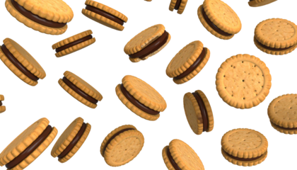 Sandwich cookies falling against a black background, perfect for food product advertising