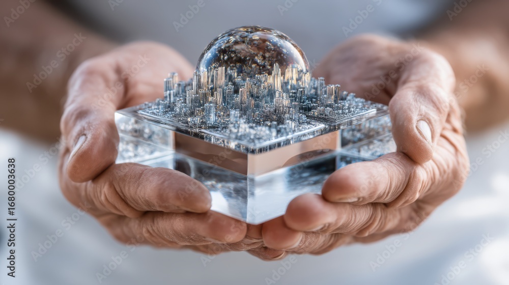 Poster a pair of hands holds a transparent cube containing a globe and intricate crystal-like structures, s