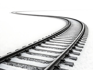 A monochrome image of snow covered railroad tracks curving into the distance on a white background