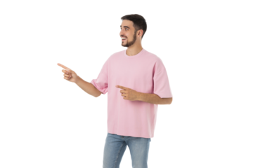 Man with short hair points happily offscreen, isolated, PNG