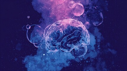 Translucent brain with dream bubbles containing galaxies under a starry night sky.