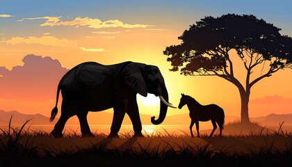 Silhouettes of an elephant and a horse at sunset in a serene African landscape, evoking a peaceful and harmonious scene.