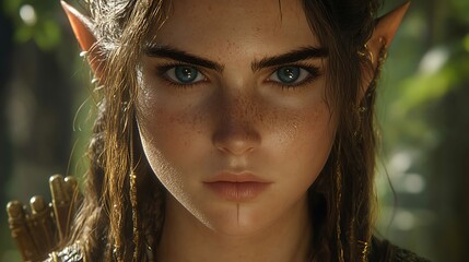Enchanting Forest Elf with piercing blue eyes and braided hair Fantasy art.