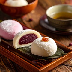 Close-up view of three delectable mochi, showcasing variations in color and filling, arranged on a traditional wooden tray with a backdrop of a teacup.
