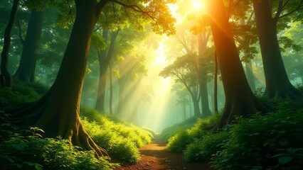 Forest path sunlight through trees green landscape