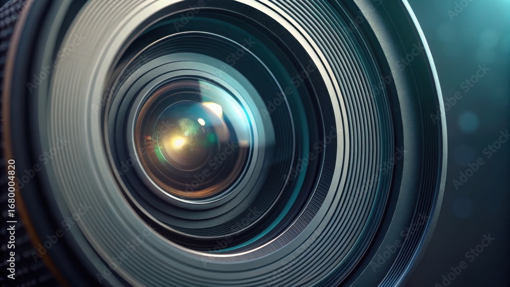 Poster close-up view of camera lens reflecting light with sensor technology