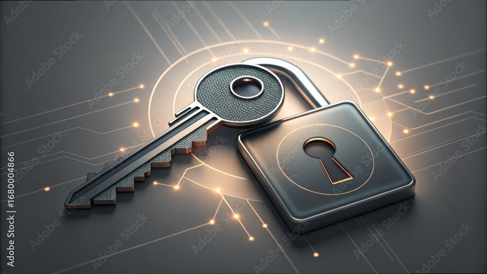 Poster digital key hovering over a modern lock with technology background