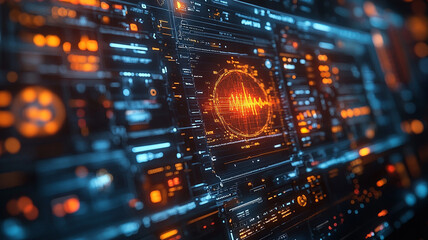 Abstract Futuristic Digital Interface with Glowing Orange and Blue Elements
