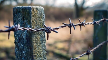 A weathered wooden post with barbed wire, surrounded by a blurred, out-of-focus background, with a focus on the post and wire.