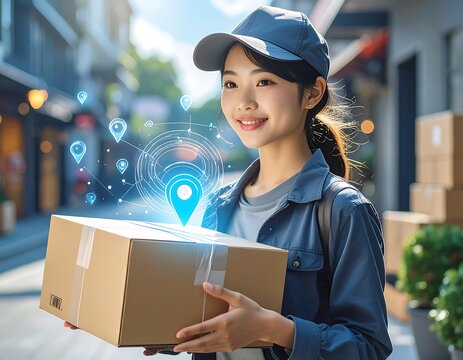 A young woman in a professional uniform holds a package, with a location-based digital overlay, suggesting a modern delivery service. - Powered by Adobe