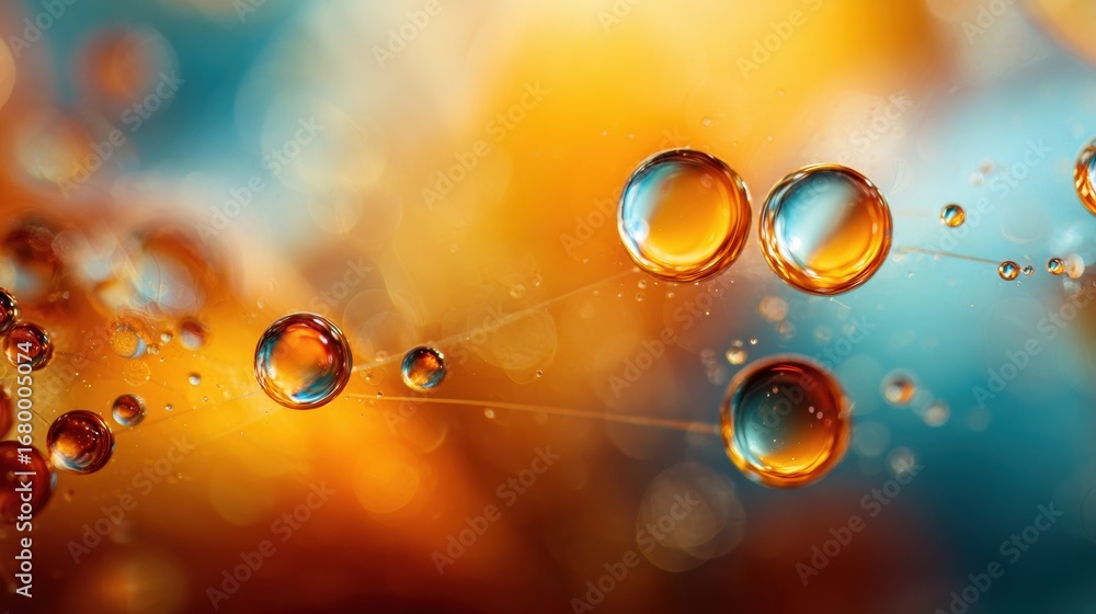 Poster colorful bubbles floating in a dreamy abstract background with warm tones and soft focus