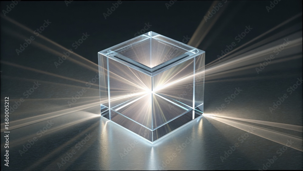 Poster light beam passing through a transparent cube in abstract concept