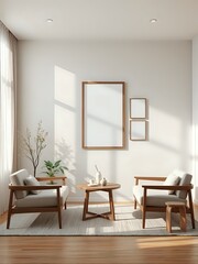 Minimalist Living Room Interior Design with Wooden Furniture and Blank Frames