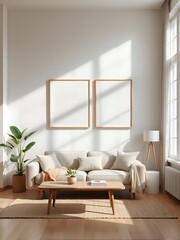 Fototapeta premium Minimalist Living Room with Two Blank Canvas Prints