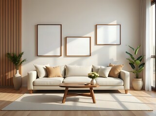 Modern Minimalist Living Room Interior Design with Mockup Frames