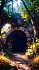 A sunlit forest path leads to a weathered stone archway, creating a mystical and enchanting scene.