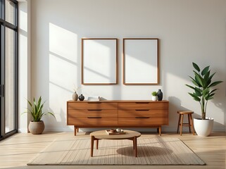 Mid-Century Modern Living Room Interior Design Mockup with Empty Frames