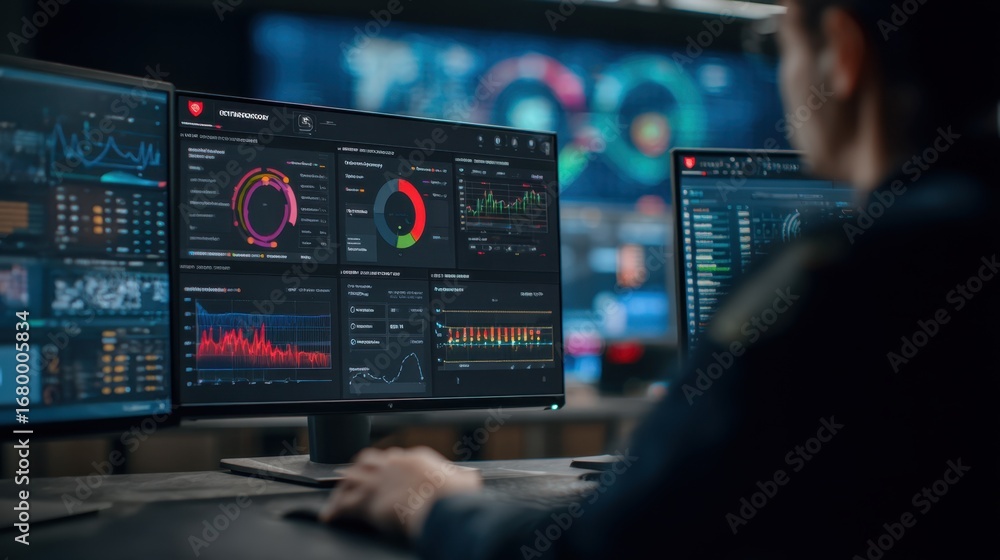 Aufkleber focused view on a cybersecurity dashboard showing ransomware downtime impact in a commandcentre blur