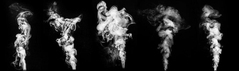Collection of steam trails isolated on a black background. Diverse fume and vapor textures for...