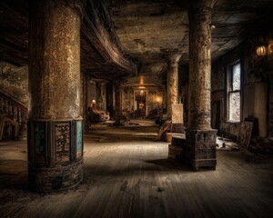 Abandoned Interior Hallway With Decayed Columns