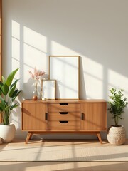 Mid-Century Modern Living Room with Sunlit Wooden Cabinet and Blank Frames