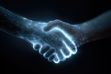 Glowing digital hands in a handshake