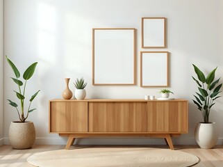 Modern Minimalist Living Room Interior: Wooden Sideboard, Plants, and Blank Frames