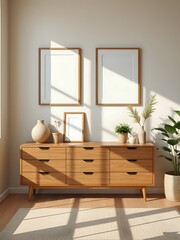 Mid-Century Modern Interior:  Light-Filled Room with Wooden Dresser, Artwork, and Plants