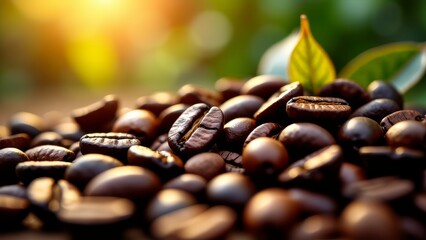 Pile of roasted coffee beans with green leaf
