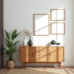 Modern Minimalist Living Room Interior with Wooden Cabinet and Blank Frames