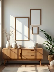 Mid-Century Modern Console Table with Artwork and Plants