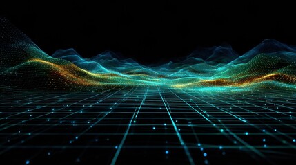 Colorful Abstract Waves on a Grid Create a Digital Landscape During Night