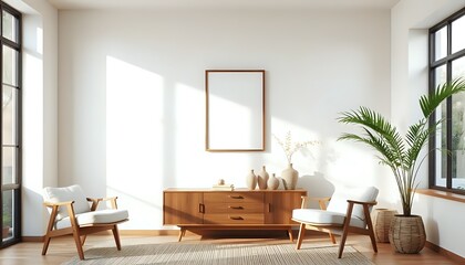 Mid-Century Modern Living Room Interior with Blank Canvas