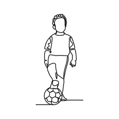 Continuous line drawing of happy kids play football and kick ball. Editable stroke single line sketch drawing vector illustration